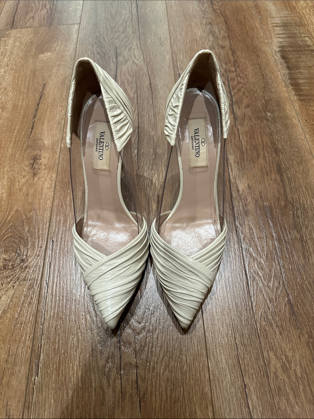 Valentino Cream Ruched Pointed-Toe Pumps